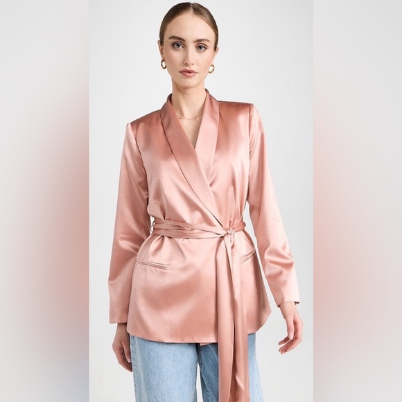 NEW L’AGENCE Everly Wrap Shawl Blazer 100% Silk Rose Tan L - Picture 3 of 9